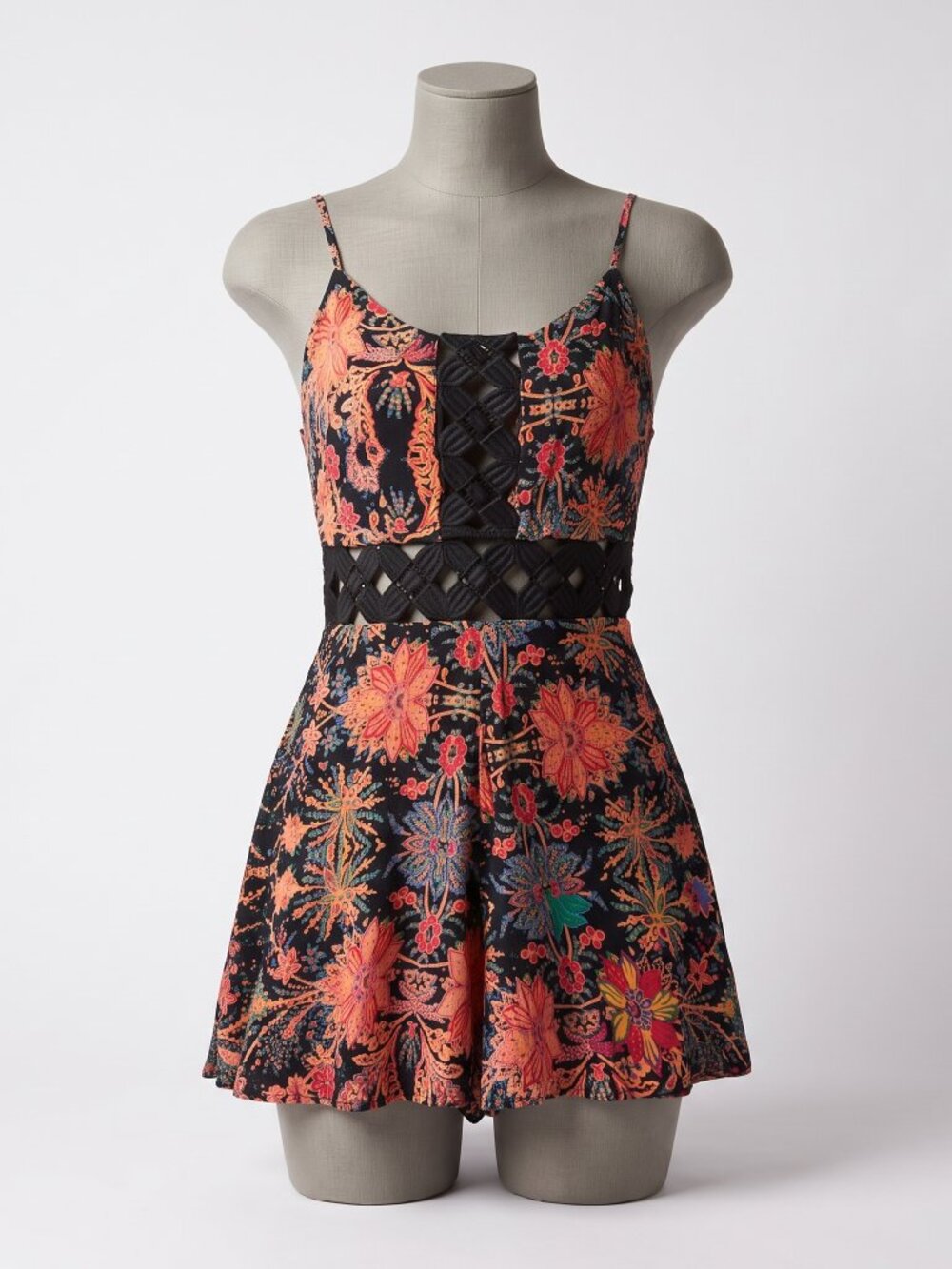 Topshop Floral Paisley Romper US 2 XS Black Boho Cutout Lace Ladder Inset